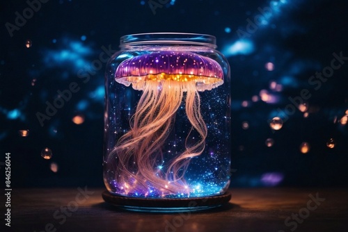 Glowing jellyfish in a jar with colorful sparks