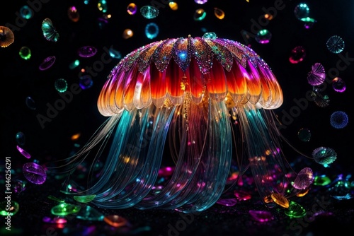 Colorful jellyfish with rainbow tentacles and bubbles