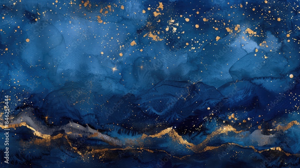 Fototapeta premium Watercolor night sky with deep blues, minimal, golden lines for stars and constellations