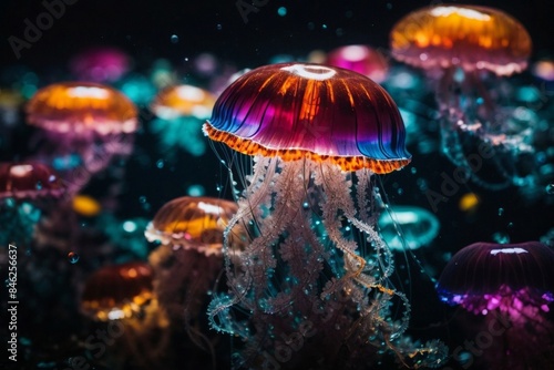 Vibrant colorful jellyfish swimming in ocean water