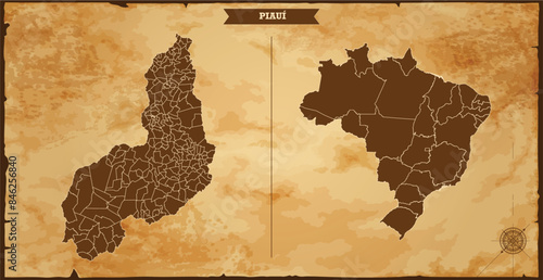 Piauí state map, Brazil map with federal states in A vintage map based background, Political Brazil Map
