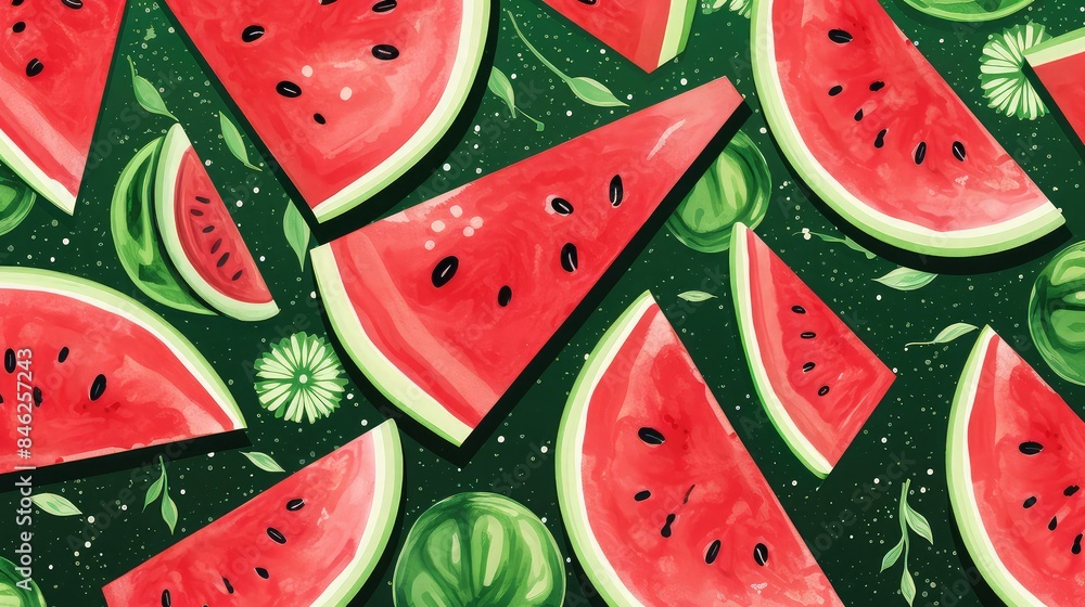 Watermelon slices with detailed textures, Summery, Illustration, Bright reds and greens, refreshing vibe Watermelon slices with detailed textures, Summery, Illustration, Bright reds and greens, refreshing vibe