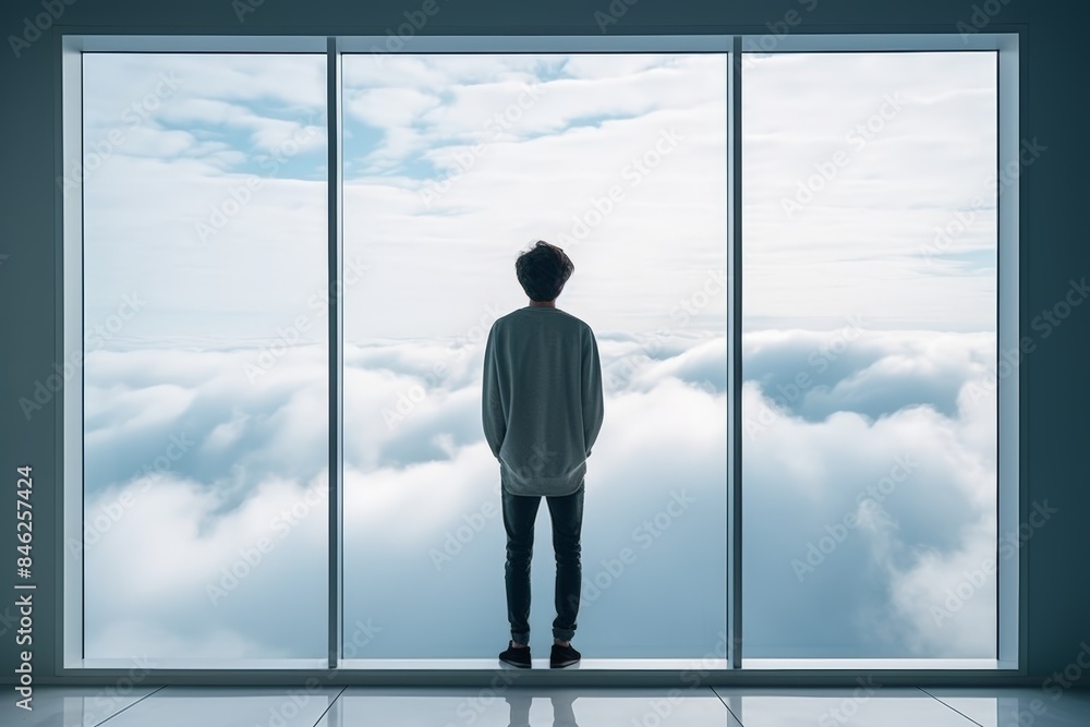 A man stands at a panoramic window in an office looking pensive. Silhouette image. Work and business. Banner, background, poster. Copy space. A man stands at a panoramic window in an office looking pensive. Silhouette image. Work and business. Banner, background, poster. Copy space.