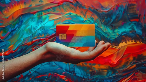 Human hand holding a colorful cred card on a full color background photo