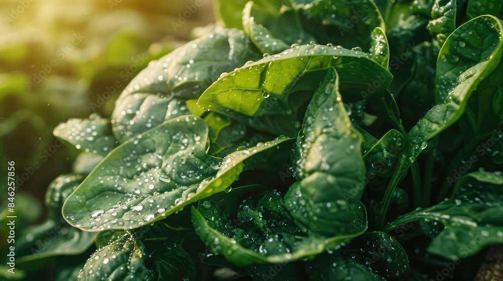 Close-up of fresh, dewy spinach leaves in a bunch Close-up of fresh, dewy spinach leaves in a bunch