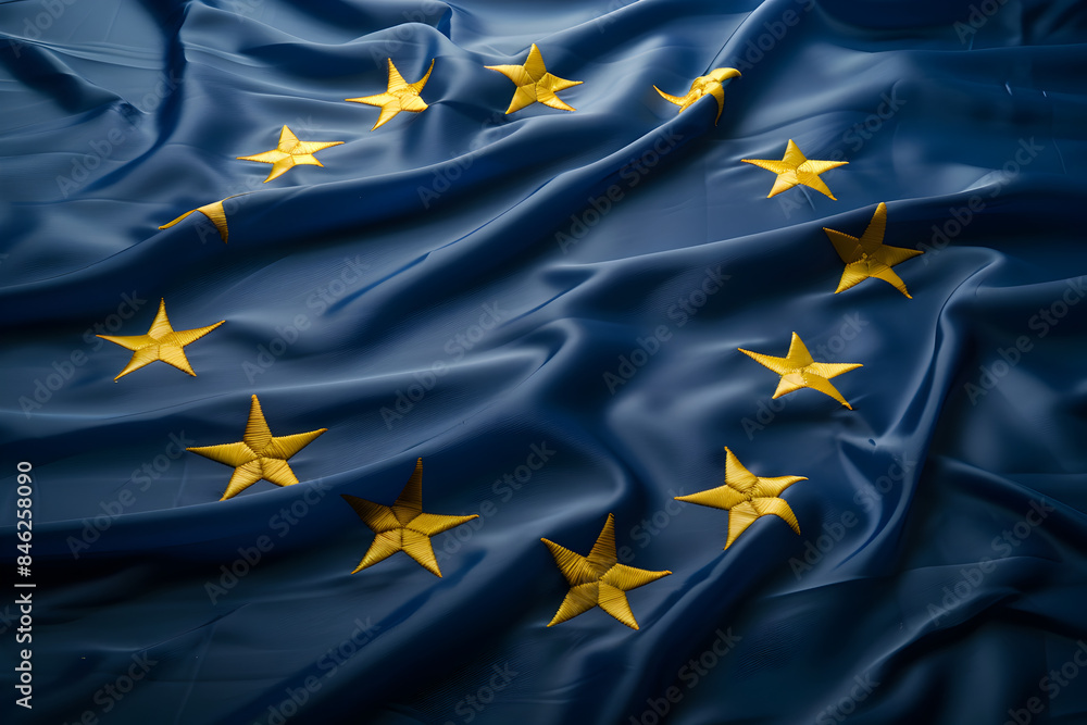 Top view of the twelve yellow stars of a European Union blue flag, made of satin fabric. Top view of the twelve yellow stars of a European Union blue flag, made of satin fabric.