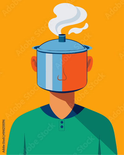 The persons head is a pressure cooker with steam visibly escaping from their ears.. Vector illustration
