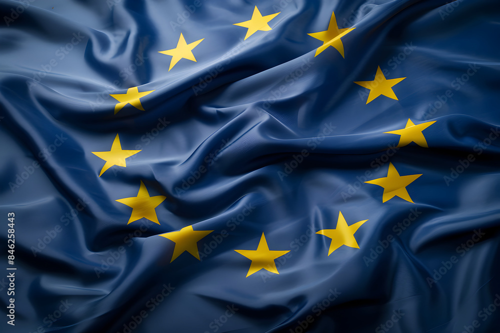 Top view of the twelve yellow stars of a European Union blue flag, made of satin fabric. Top view of the twelve yellow stars of a European Union blue flag, made of satin fabric.