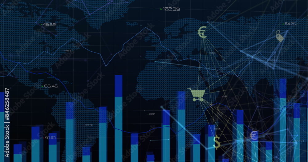 Digital financial data and graphs showing on dark background Digital financial data and graphs showing on dark background