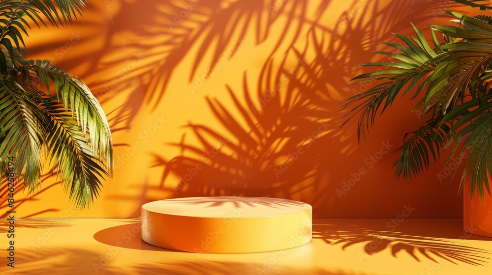 Obraz premium Orange podium display for products with nature leaf shadows - 3d rendering