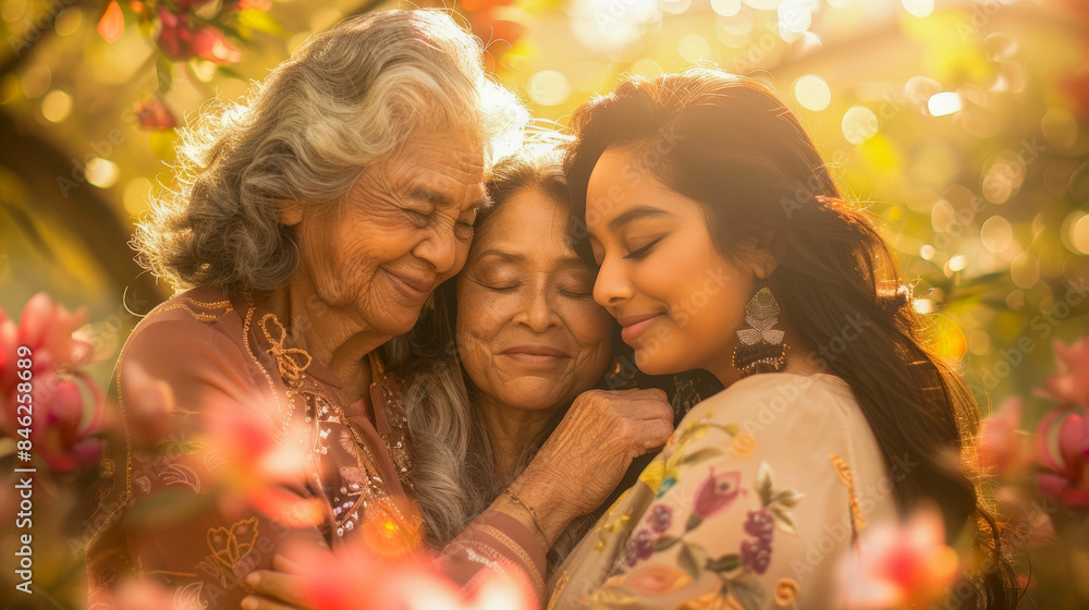 Family photo, mother, daughter, and grandmother. Concept of family and relationships. Parents' Day. Banner, poster, background Family photo, mother, daughter, and grandmother. Concept of family and relationships. Parents' Day. Banner, poster, background