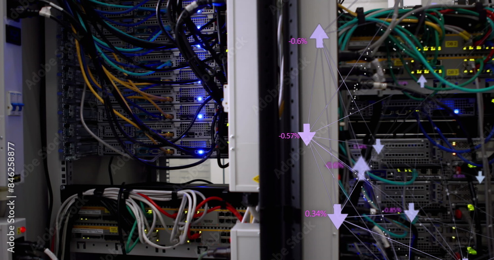 Server racks with various cables and blinking lights represent cloud ...