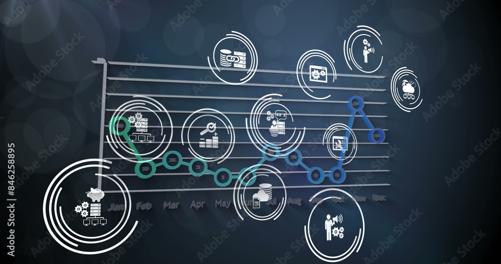 Digital graph with various icons representing data and technology trends Digital graph with various icons representing data and technology trends