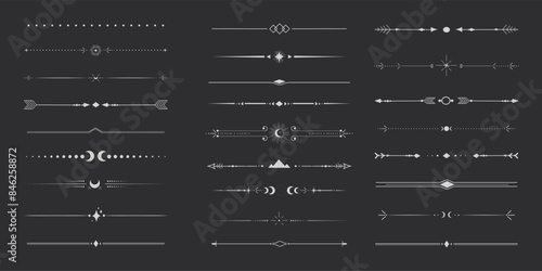 Silver celestial divider thin line border decoration. Collection tribal with moon, stars and arrows mystical separators. Modern ornament minimal set isolated on dark background.