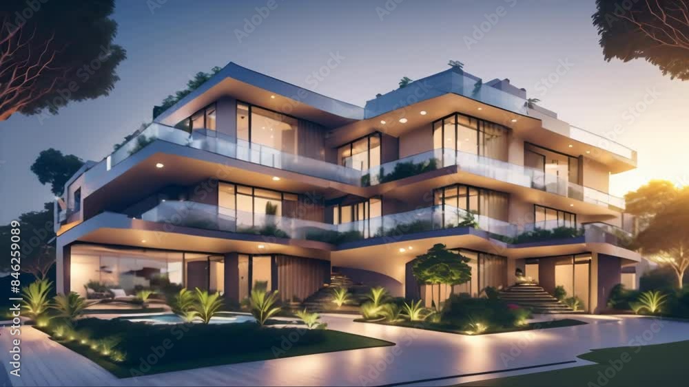 Luxurious modern apartment complex featuring elegant architecture, lush gardens, and ambient evening lighting. Luxurious modern apartment complex featuring elegant architecture, lush gardens, and ambient evening lighting.