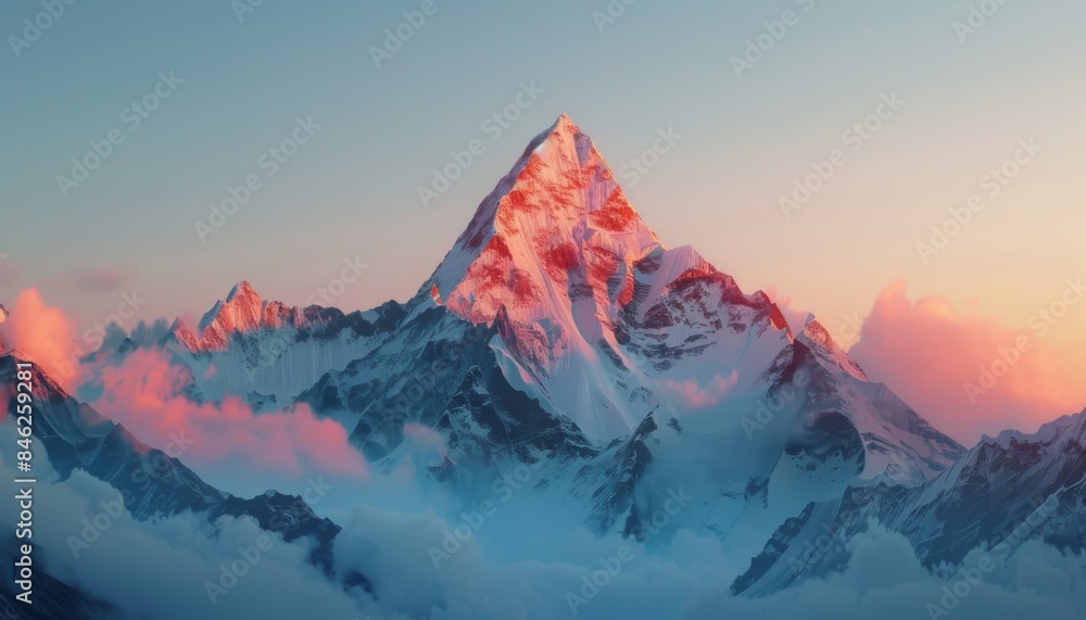 Snow-capped mountain peaks glowing in the soft light of sunrise with a clear sky in the background Snow-capped mountain peaks glowing in the soft light of sunrise with a clear sky in the background