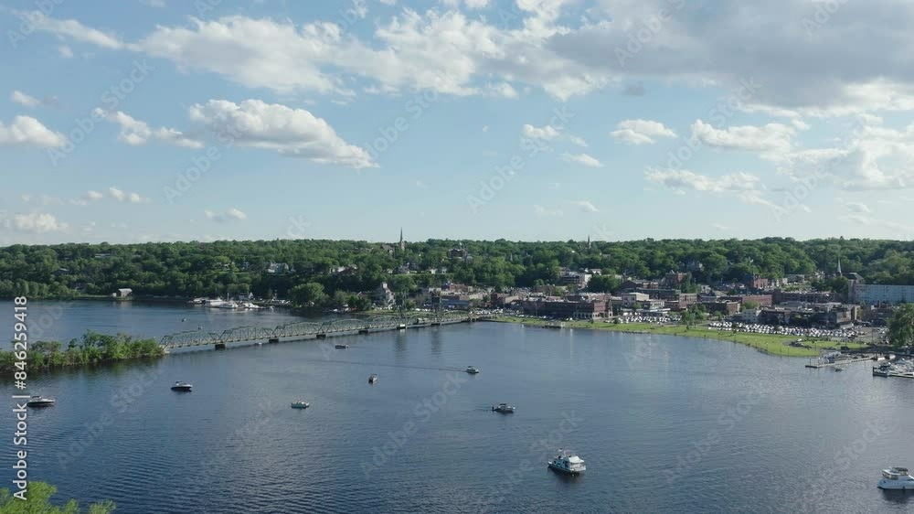 Drone view of Stillwater lift bridge over St Croix river in Downtown Stillwater of USA. Drone view of Stillwater lift bridge over St Croix river in Downtown Stillwater of USA.