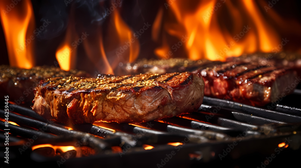 Close up of steak grilling on the grill Close up of steak grilling on the grill