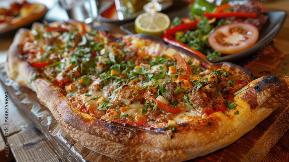 Authentic Turkish Pide Served at a Kebab Eatery on a Wooden Surface Authentic Turkish Pide Served at a Kebab Eatery on a Wooden Surface