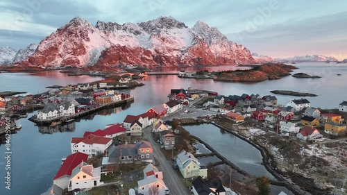 Aerial view of Lofoten Islands beautiful landscape during winter