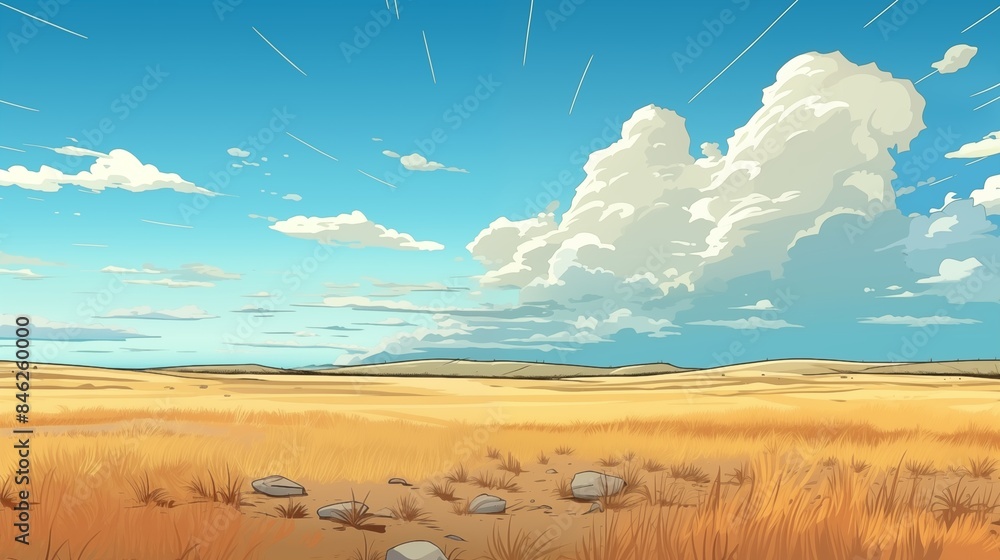 Fototapeta premium Serene Landscape with Vast Golden Fields and Majestic Clouds