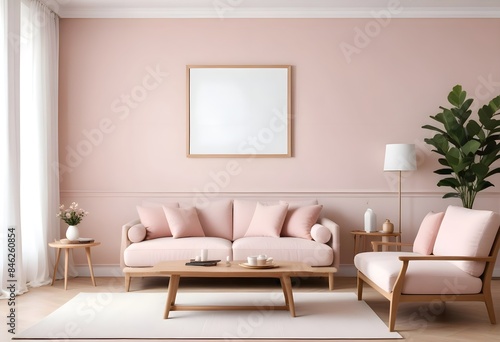 Interior living room with sofa and photo frame. 3D rendering