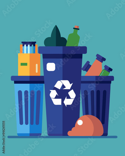 Trash cans marked for recycling are filled with regular garbage showing the disregard for environmental preservation in the city.. Vector illustration