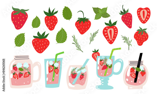Summer strawberry lemonade set vector illustration. A collection of beverages with berries, mint, and rosemary