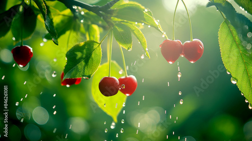 Cherry. Ripe homegrown organic sour cherries background. Cherry tree. photo