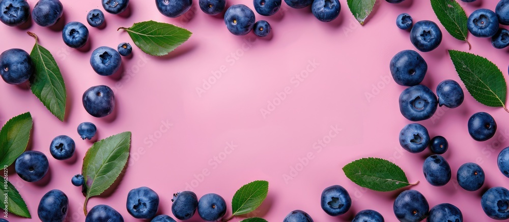 Blueberries and leaves arranged in a circular pattern on a pink backdrop symbolizing the berry season and healthy eating. Ample space for text. Blueberries and leaves arranged in a circular pattern on a pink backdrop symbolizing the berry season and healthy eating. Ample space for text.