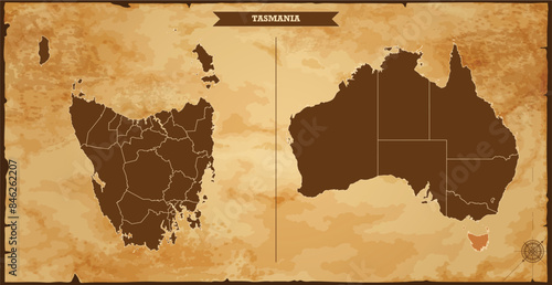 Tasmania state map, Australia map with federal states in A vintage map based background, Political Australia Map