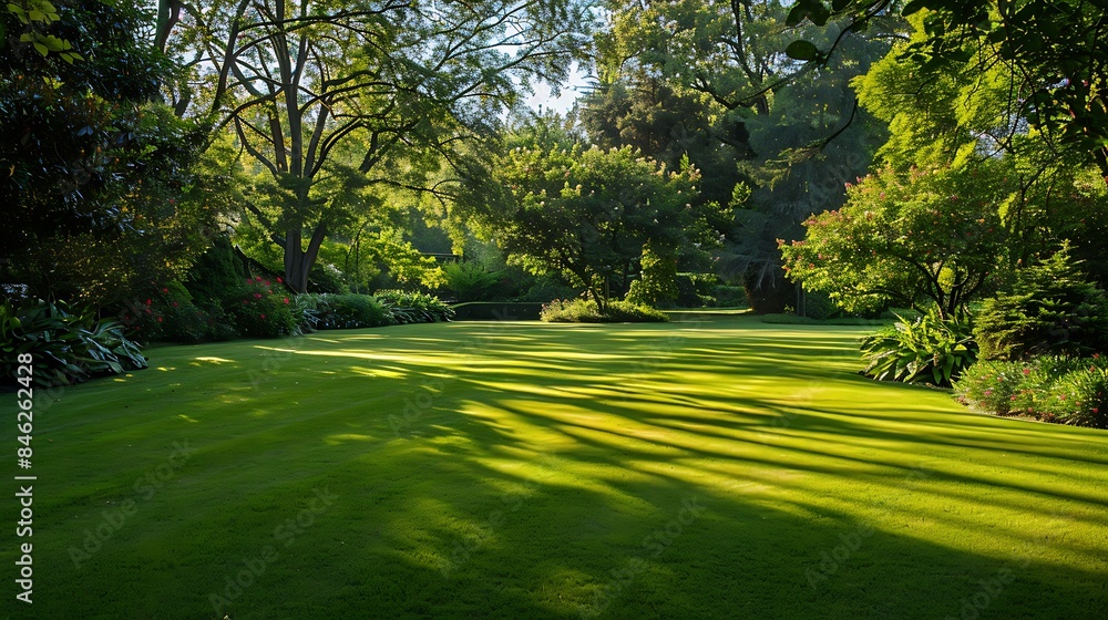 Well maintained lawn and private gardens seen after the large lawn area was cut a large stock of trees and bushes are visible