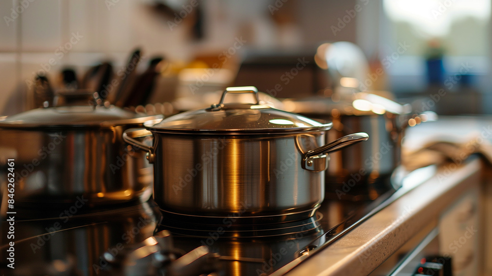 Stainless steel pan cooking utensils on a minimalist stove, pan cooking utensils look shiny, kitchen background, Ai generated Images Stainless steel pan cooking utensils on a minimalist stove, pan cooking utensils look shiny, kitchen background, Ai generated Images