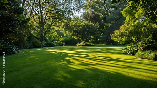 Obraz na płótnie Well maintained lawn and private gardens seen after the large lawn area was cut a large stock of trees and bushes are visible w salonie