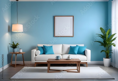 Interior living room with sofa and photo frame. 3D rendering