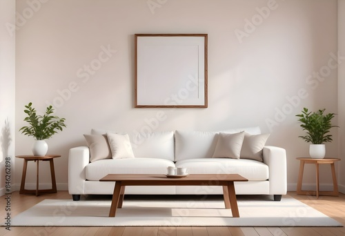 Interior living room with sofa and photo frame. 3D rendering