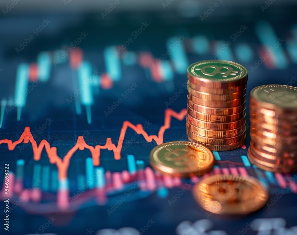 Stacks of gold coins against a financial graph with upward trends, representing investment growth. Stacks of gold coins against a financial graph with upward trends, representing investment growth.