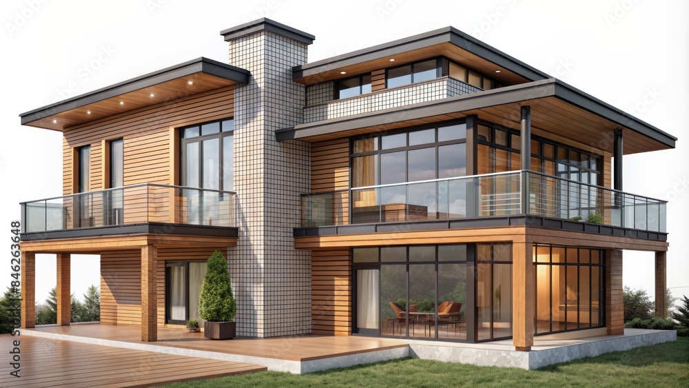 Modern Two-Story House With Large Windows And Wooden Accents, Png Isolated On Transparent Modern Two-Story House With Large Windows And Wooden Accents, Png Isolated On Transparent