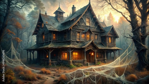 Generative Ai - Eerie Halloween, Interior Of An Old Wooden House With Cobwebs, Flickering Candlelight Illuminating Dust Motes Dancing In The Air, Shadows Creeping From The Corners. photo