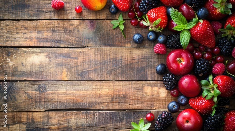 Various types of berries are displayed on the table, showcasing the ...