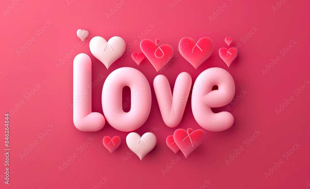 3D mot 'Love' en relief, lettres roses entourées de cœurs flottants sur un fond rose monochrome effet velours rase, romantique et tendre pour Saint-Valentin, messages d'amour 3D mot 'Love' en relief, lettres roses entourées de cœurs flottants sur un fond rose monochrome effet velours rase, romantique et tendre pour Saint-Valentin, messages d'amour