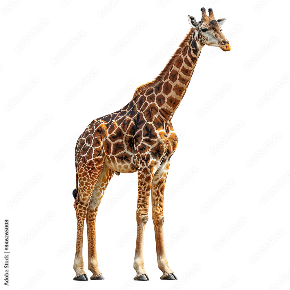 Naklejka premium A tall giraffe standing upright, showcasing its unique spotted pattern and long neck against a plain background. isolated on white background.