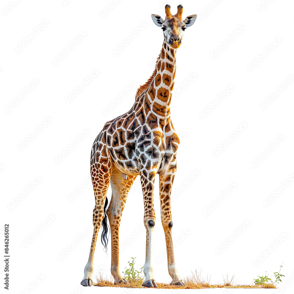 Fototapeta premium A majestic giraffe standing tall in the open savannah with vibrant patterns and unique spots. isolated on white background. 