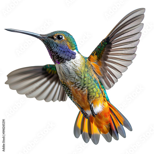 Vibrant hummingbird captured in mid-flight,  isolated on white background. 