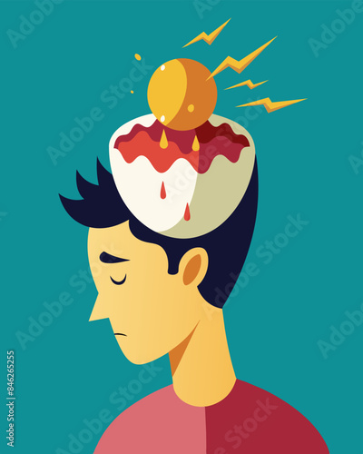 The persons head is like a cracked egg the yolk of anxiety threatening to spill out at any moment.. Vector illustration