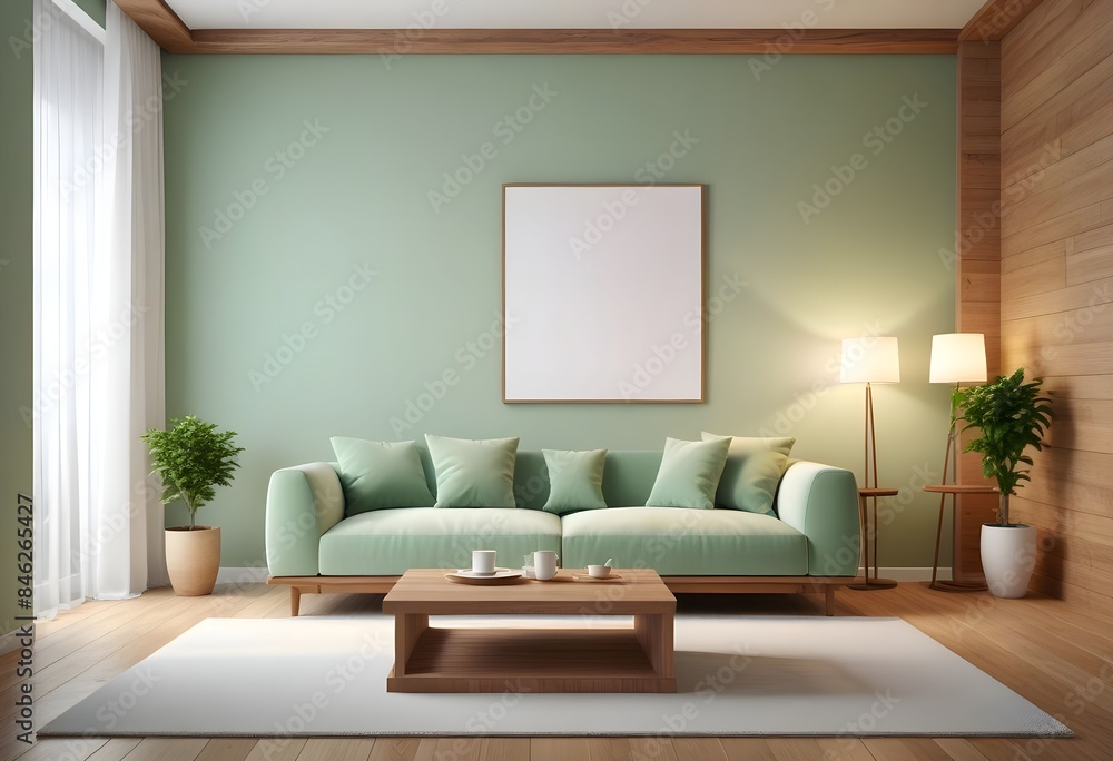 Fototapeta premium Interior living room with sofa and photo frame. 3D rendering