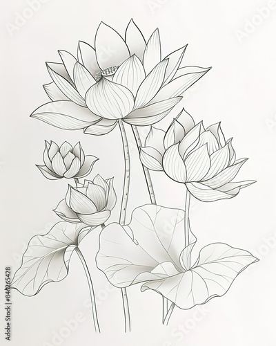 A stencil drawing in grayscale of lotus flowers