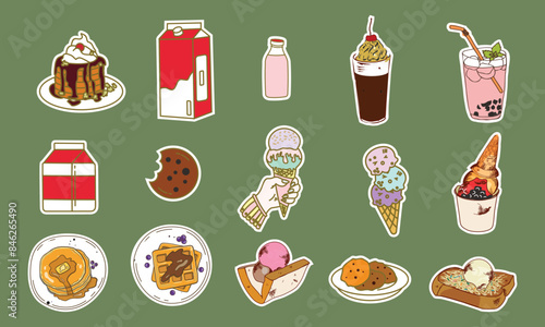 Trendy Food and Drink Sticker Pack Explore our colorful vector collection with delicious food items, refreshing beverages, and unique milk bottle designs.