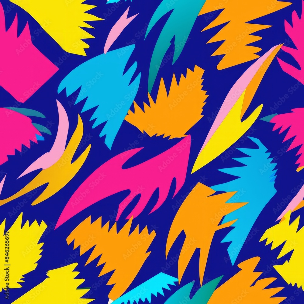 Obraz premium Seamless pattern of bold brush strokes and cut-out shapes in a vibrant color palette, Generative AI