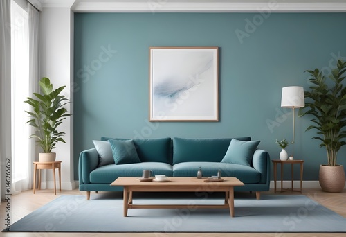 Interior living room with sofa and photo frame. 3D rendering